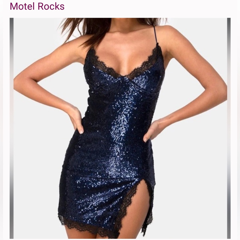 MOTEL ROCKS ROMINI SEQUIN MINI DRESS BLUE MIDNIGHT WITH BLACK LACE SIZE XS BNWOT